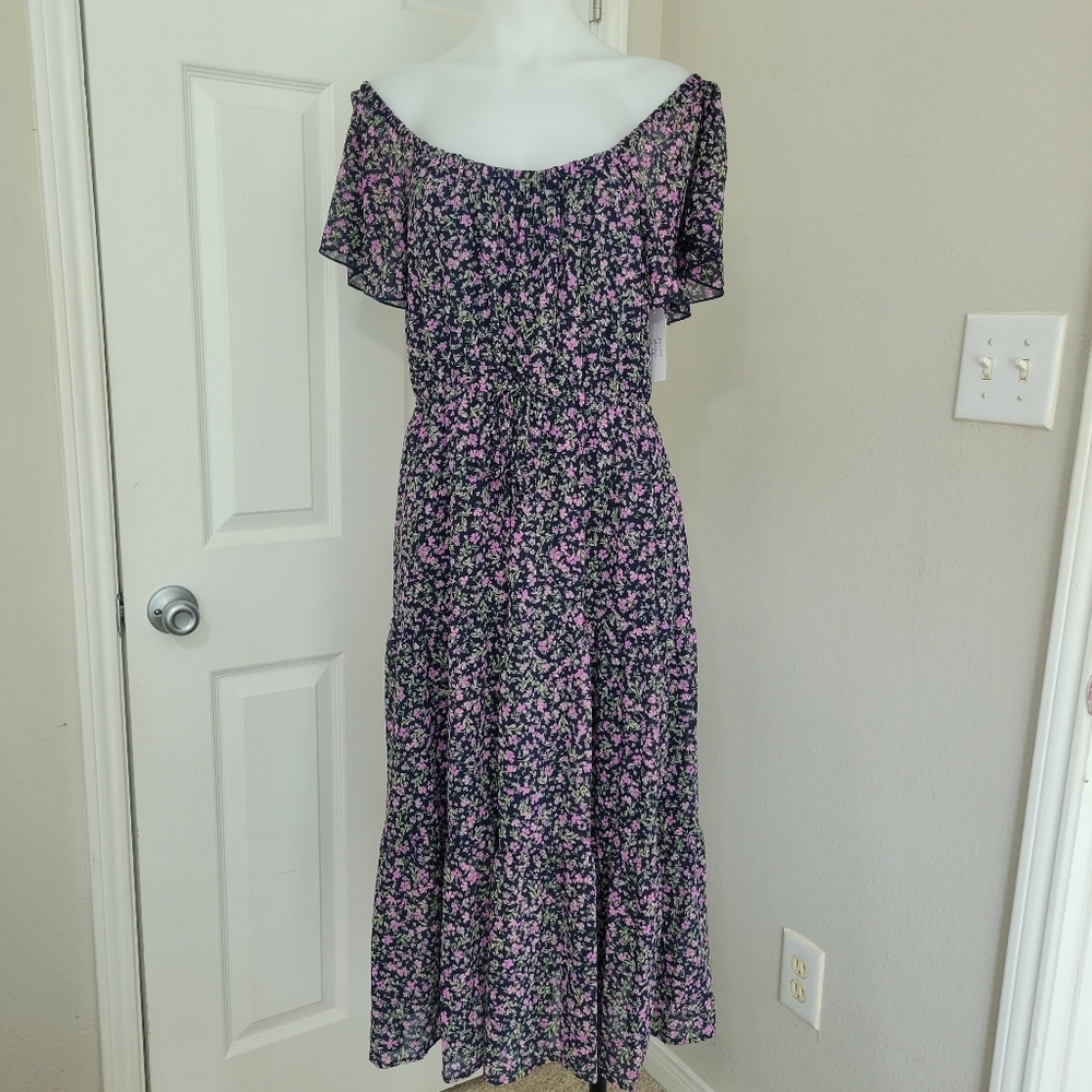 Time and Tru Floral On/Off Shoulder Flutter Sleeve Maxi Dress M NWT Multi Tiered